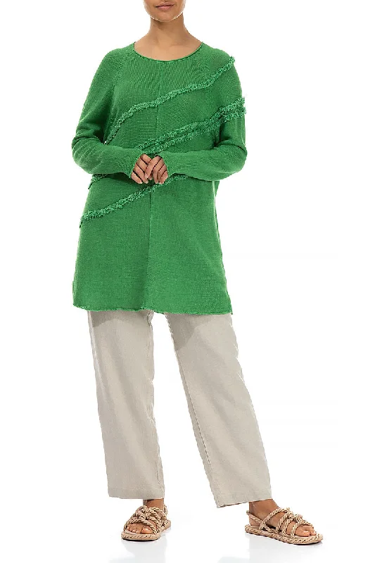 Decorated Front Spring Green Linen Jumper