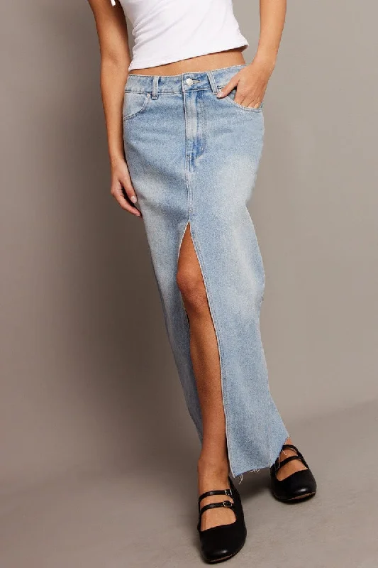 Denim Maxi Skirt High Rise Front Split