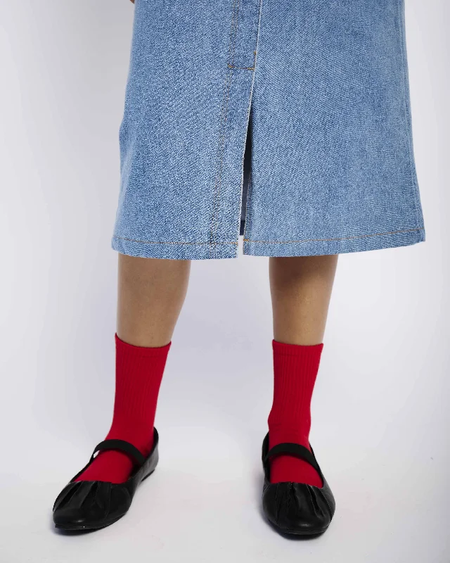 Denim Midi Skirt with Front Slit in Med Denim