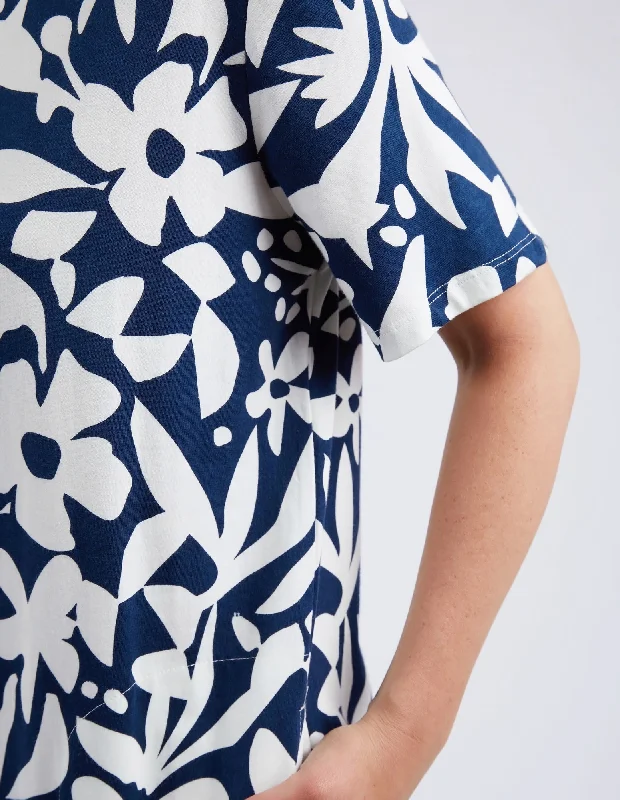 Elm Stencil Floral Tee Dress Naval Blue Floral Print