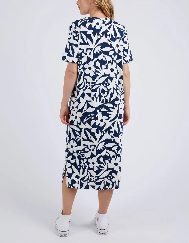 Elm Stencil Floral Tee Dress Naval Blue Floral Print