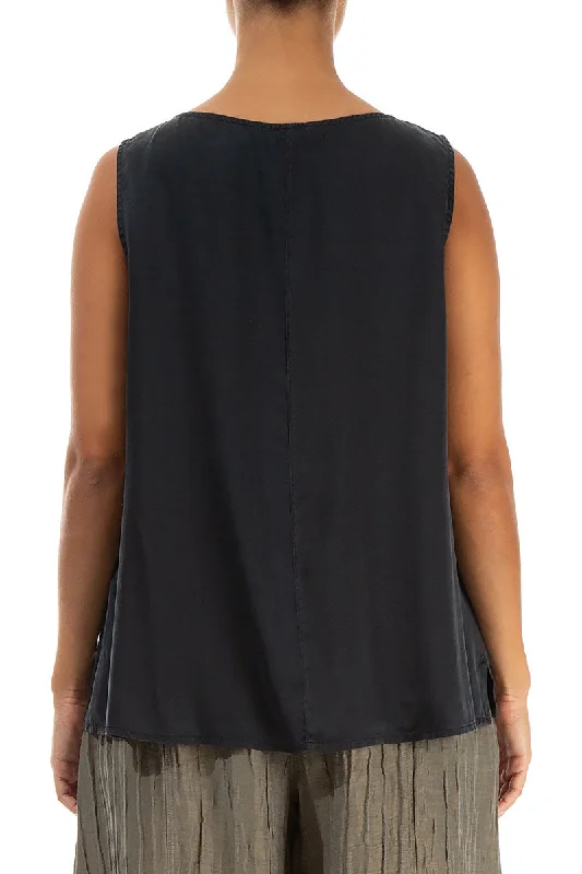 Flared Sleeveless Midnight Blue Silk Top