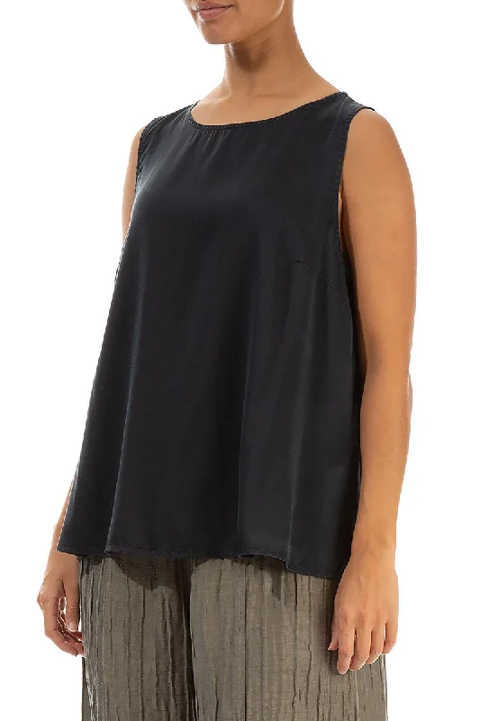 Flared Sleeveless Midnight Blue Silk Top