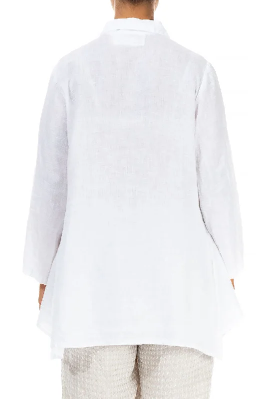 Flared Two Pockets White Linen Shirt