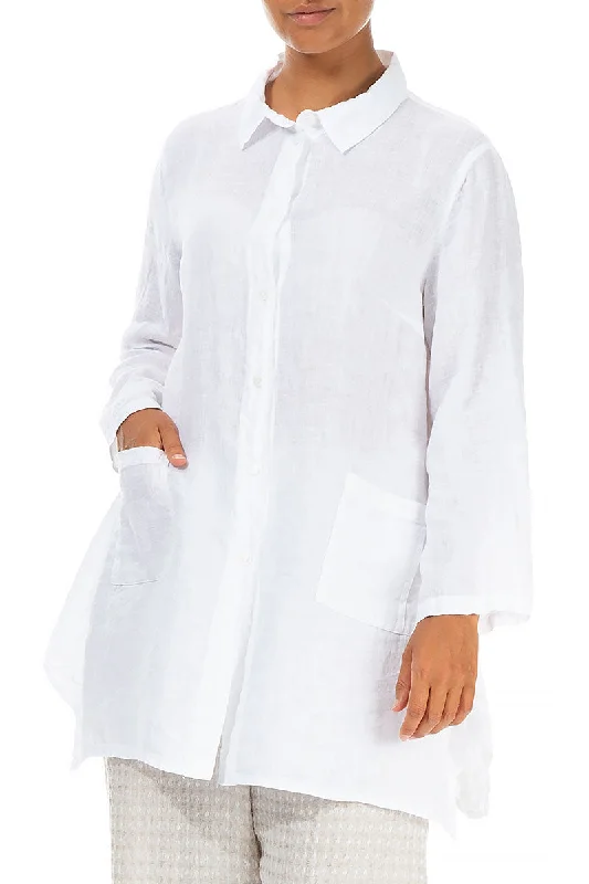 Flared Two Pockets White Linen Shirt