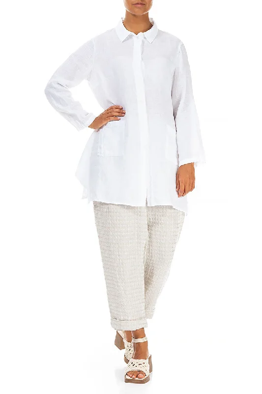 Flared Two Pockets White Linen Shirt