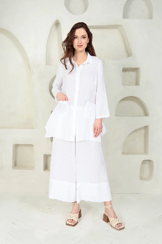 Flared Two Pockets White Linen Shirt