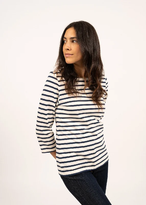 GALATHEE II - Breton Striped Top with ¾ Sleeve | Soft Cotton | Women Fit (ECRU / NAVY)