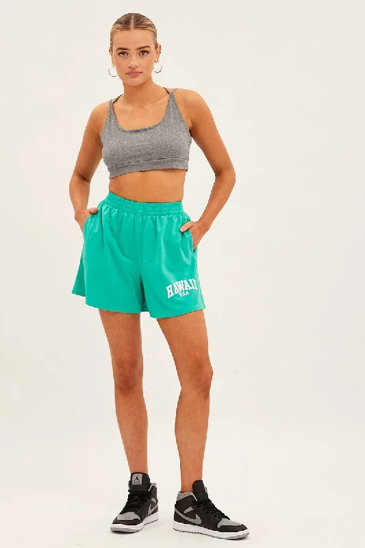 Green Elastic Waist Biker Track Shorts