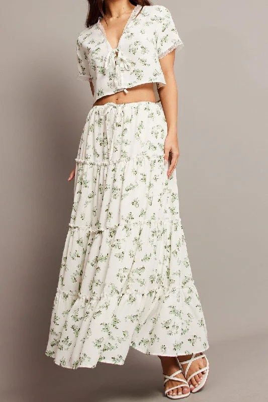 Green Floral Maxi Skirt Tiered High Rise Elastic Waistband