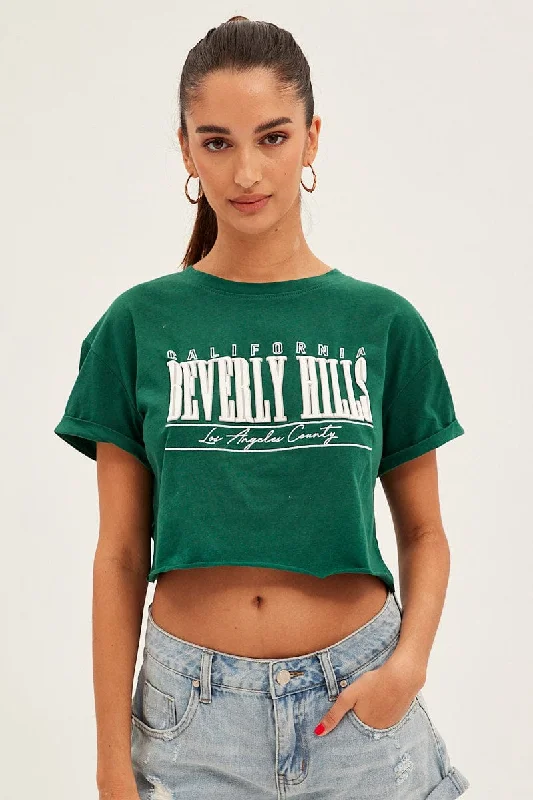 Green Graphic T Shirt Short Sleeve Round Neck Crop