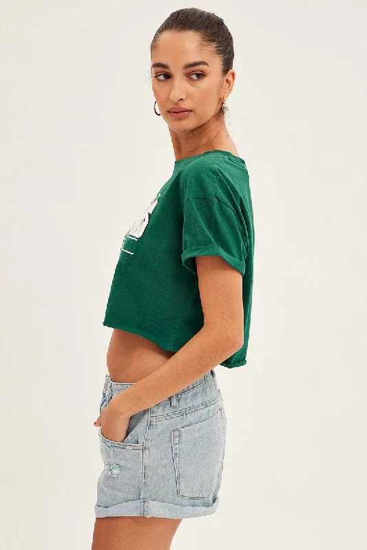 Green Graphic T Shirt Short Sleeve Round Neck Crop