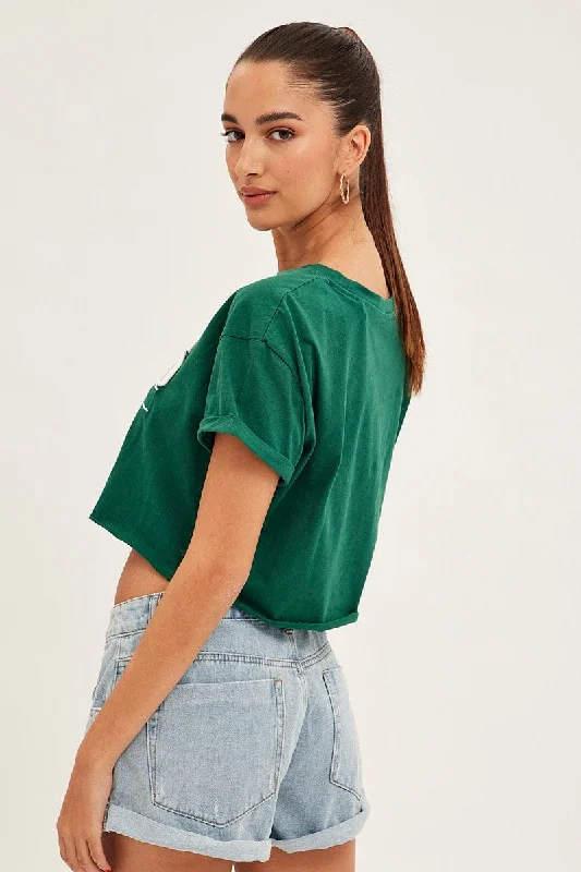 Green Graphic T Shirt Short Sleeve Round Neck Crop