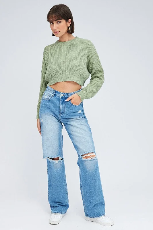 Green Knit Jumper Round Neck Long Sleeve Crop