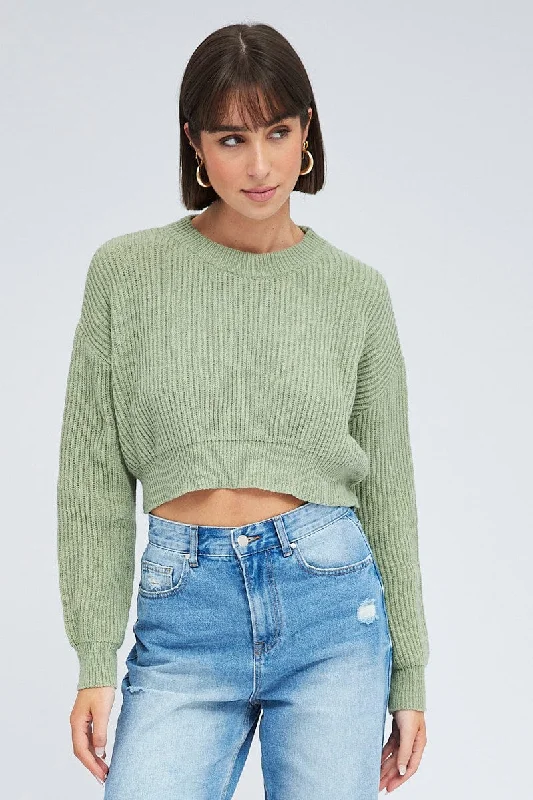 Green Knit Jumper Round Neck Long Sleeve Crop