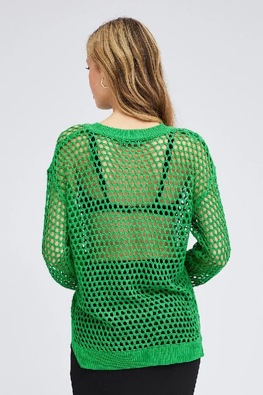 Green Oversized Knit Top Crew Neck