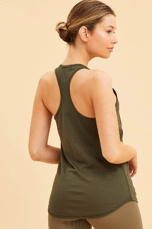 Green Racer Tank Cotton Stretch Sleeveless Scoop Neck