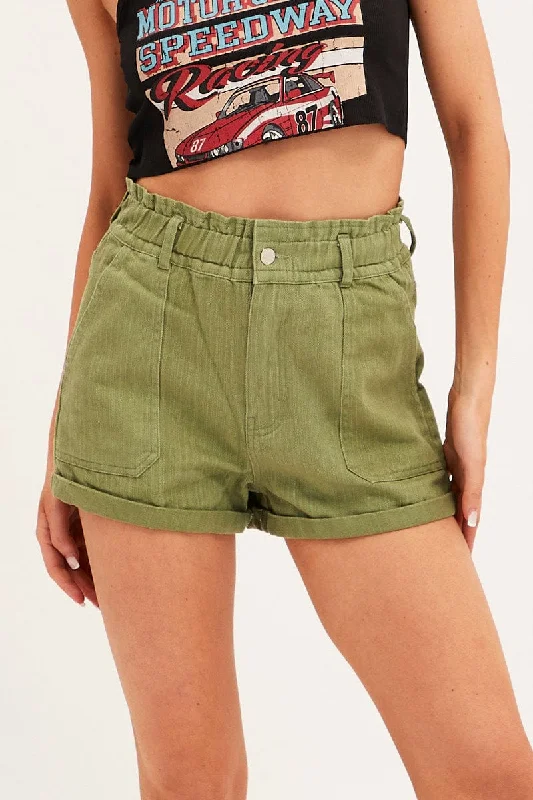 Green Relaxed Shorts Paper Bag High Rise