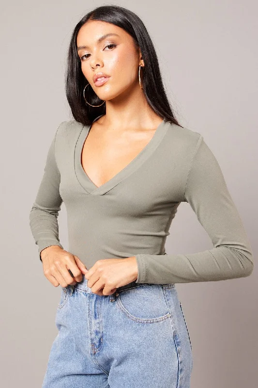 Green Supersoft Top V Neck Long Sleeve