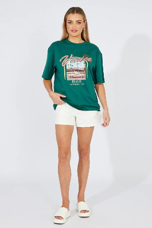 Green T Shirt Short Sleeve Crew Neck Venice Beach Cotton