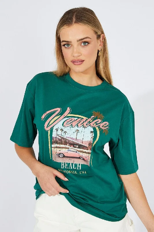 Green T Shirt Short Sleeve Crew Neck Venice Beach Cotton