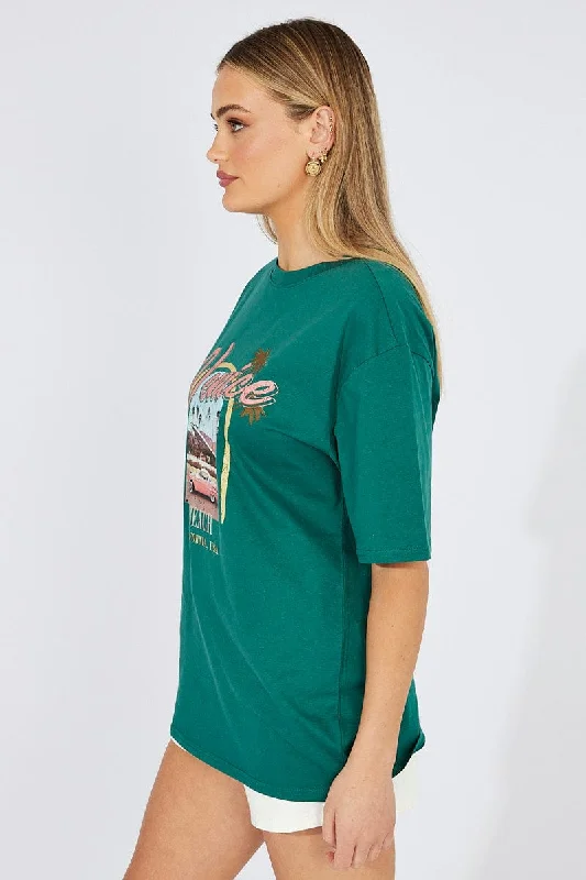 Green T Shirt Short Sleeve Crew Neck Venice Beach Cotton