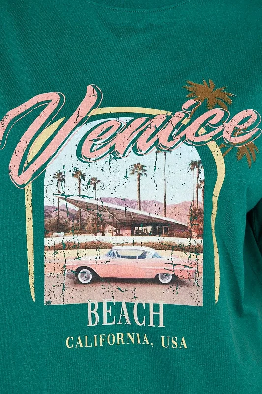 Green T Shirt Short Sleeve Crew Neck Venice Beach Cotton