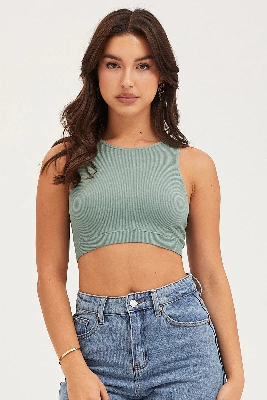 Green Tank Top Sleeveless Crew Neck