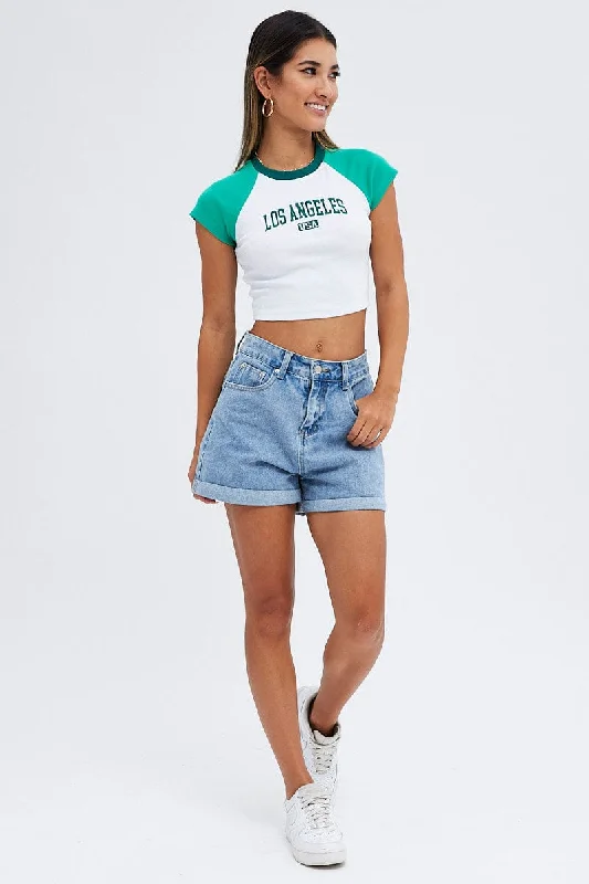 Green Tee Contrast Short Sleeve Round Neck Graphic