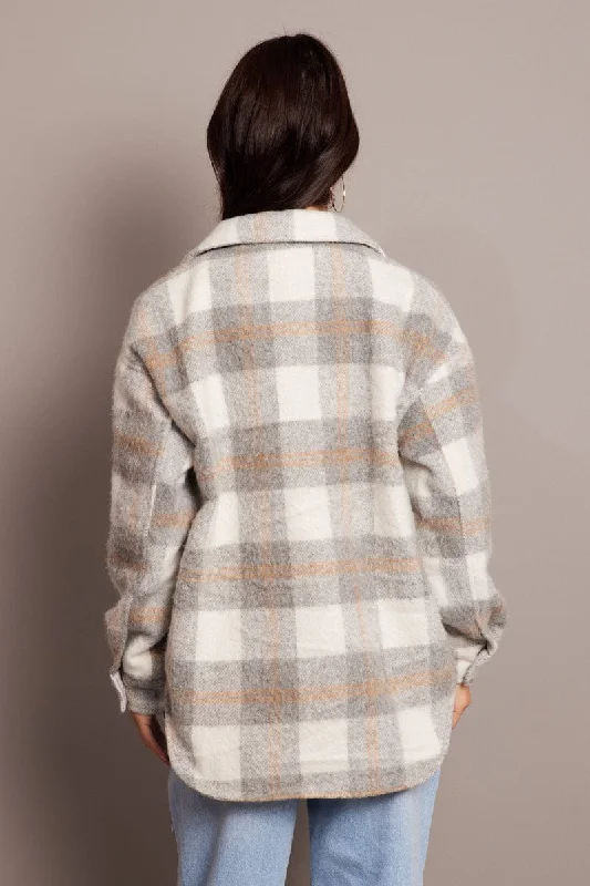 Grey Check Check Shacket Long Sleeve