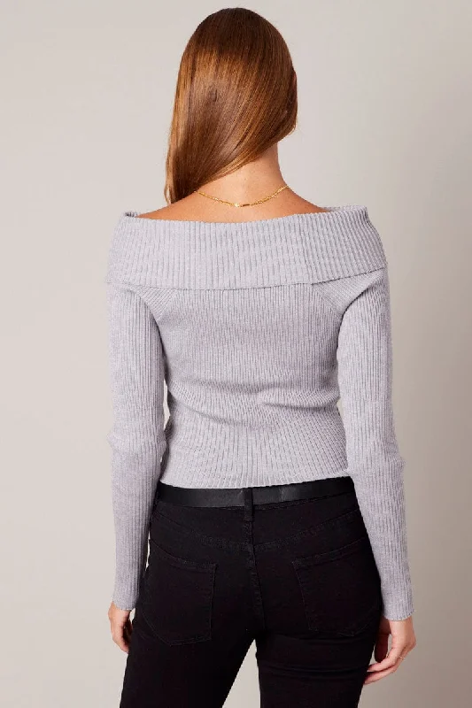 Grey Knit Top Long Sleeve Off Shoulder