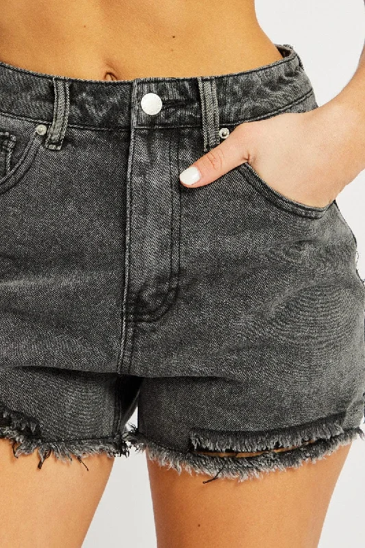 Grey Relaxed Denim Short Mid Rise