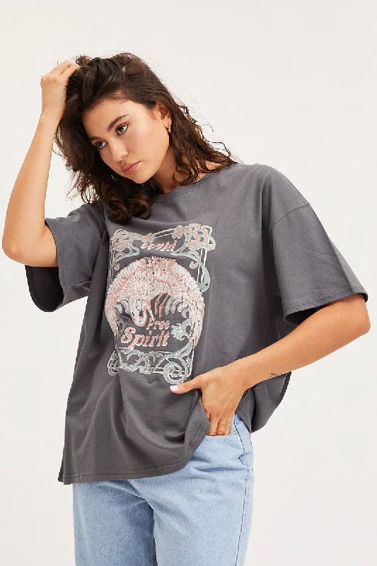 Grey Unisex T Shirt Short Sleeve Oversized Crew Neck