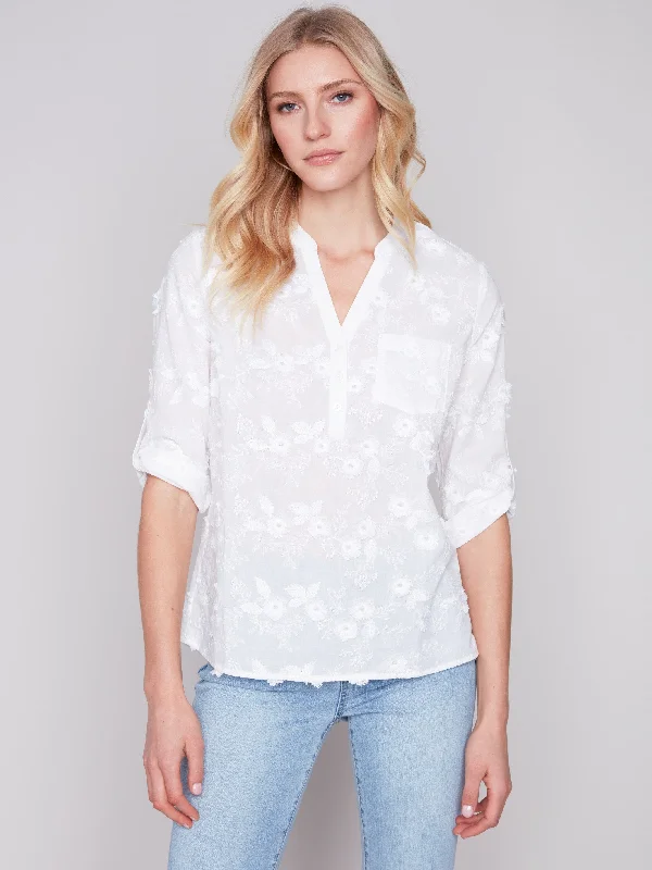 Half-Button Embroidered Cotton Blouse - White