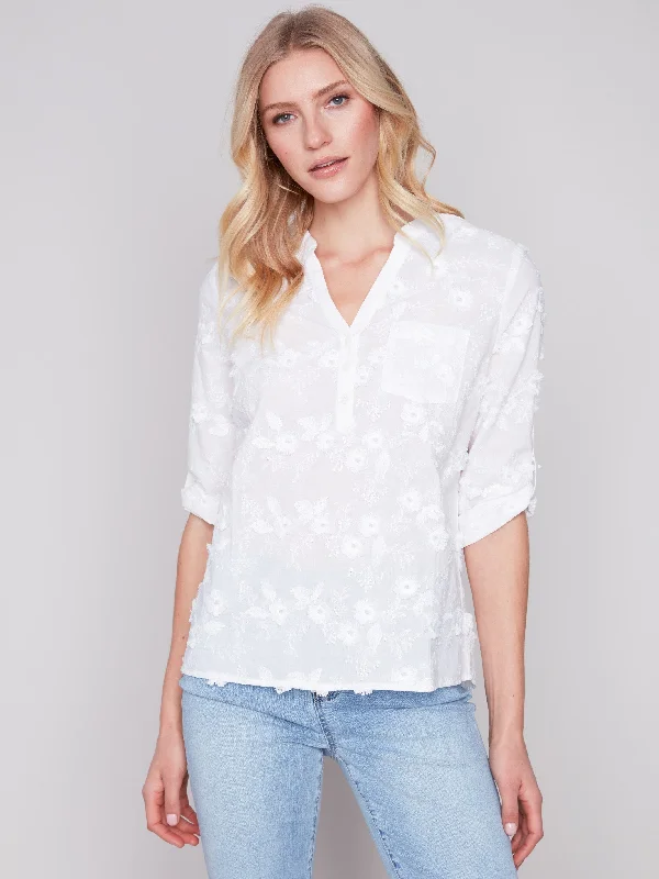 Half-Button Embroidered Cotton Blouse - White