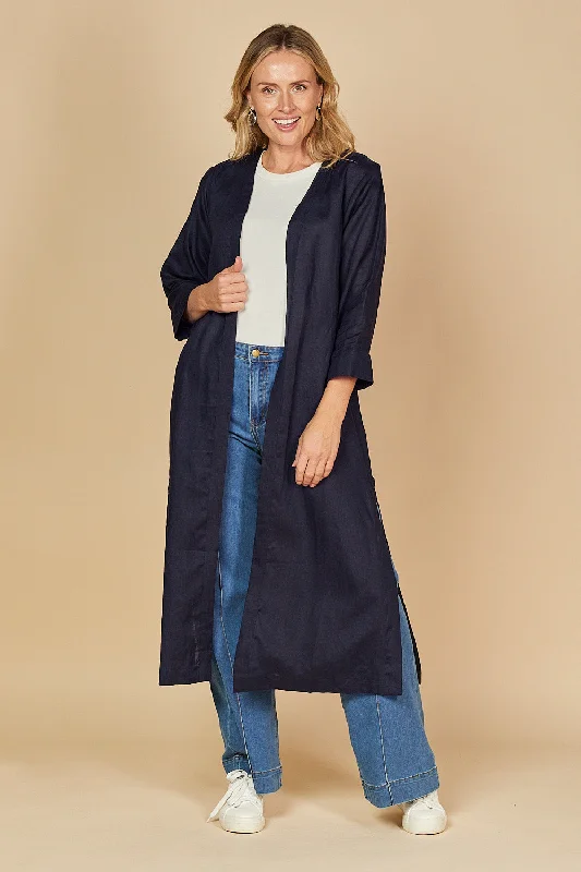 Long Line Linen Duster Jacket in Navy