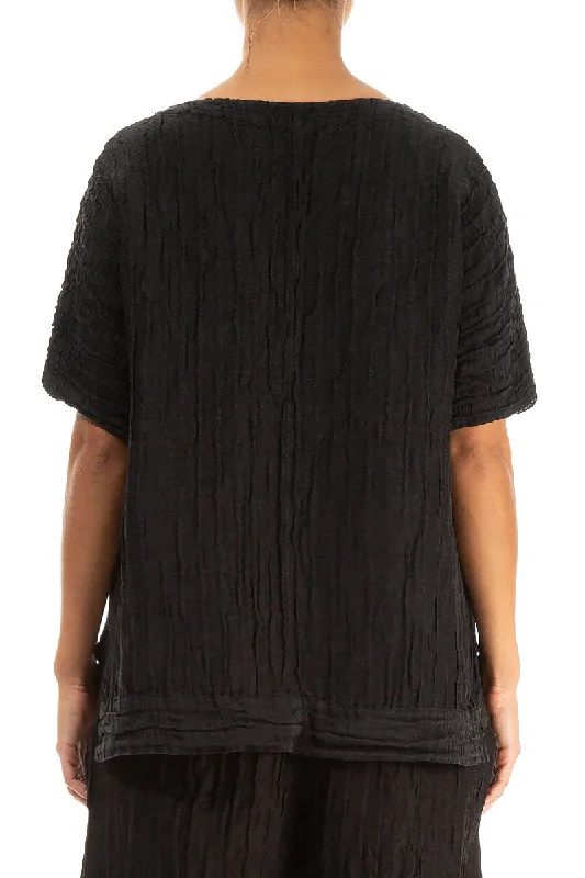 Longer Back Crinkled Black Silk Linen Blouse