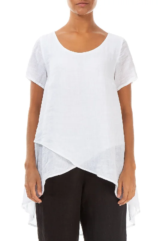 Longer Back Short Sleeves White Gauze Linen Blouse