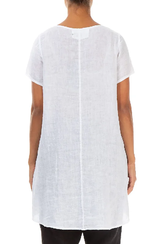 Longer Back Short Sleeves White Gauze Linen Blouse