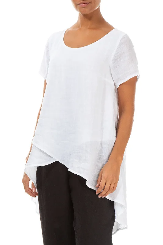 Longer Back Short Sleeves White Gauze Linen Blouse