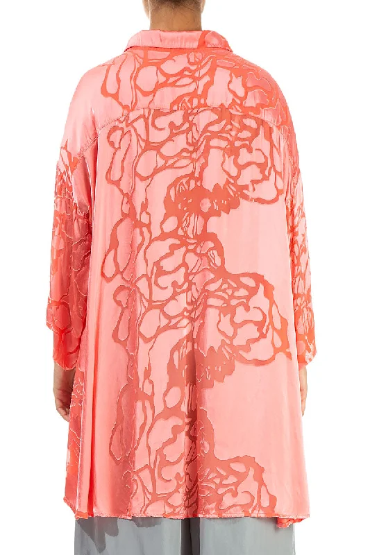 Loose Floral Living Coral Silk Shirt