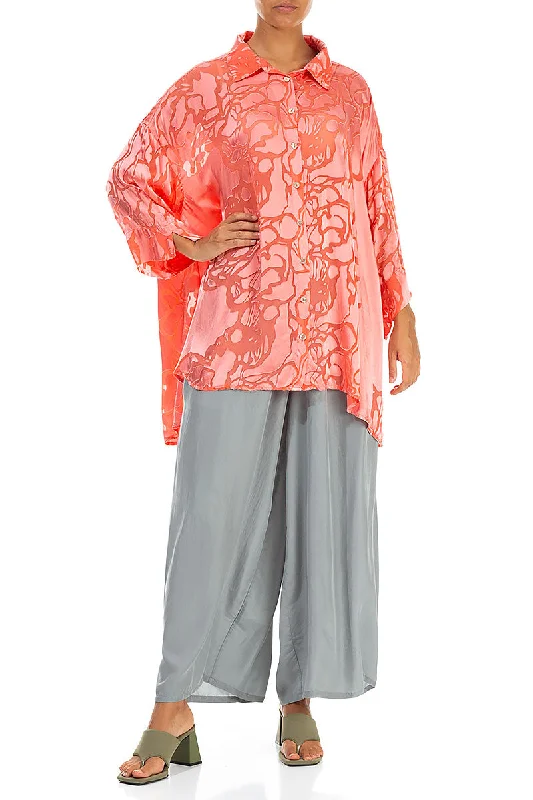 Loose Floral Living Coral Silk Shirt