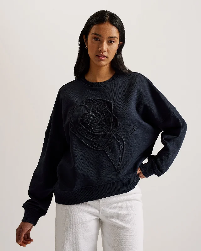 Lotiss Embroidered Burnout Graphic Sweatshirt Navy