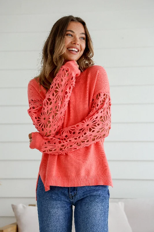 Miss Marlow Crochet Sleeve Slouch Knit Melon