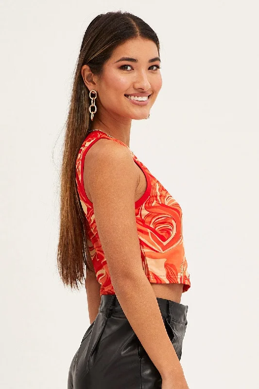 Orange Abstract Tank Top Sleeveless Round Neck Crop Mesh