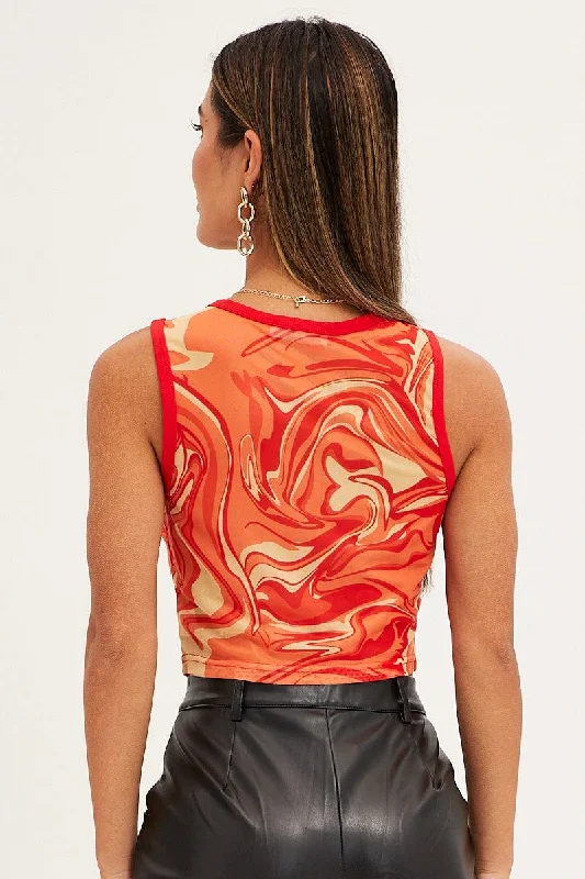 Orange Abstract Tank Top Sleeveless Round Neck Crop Mesh