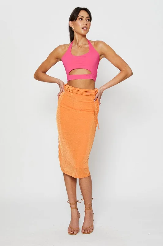 Orange Midi Skirt Ruched