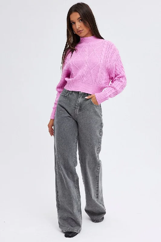 Pink Knit Jumper Long Sleeve Cabled Crop