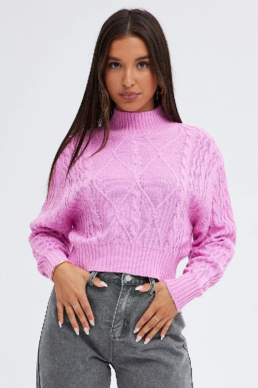 Pink Knit Jumper Long Sleeve Cabled Crop