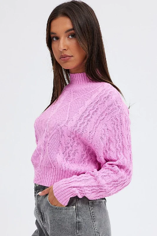 Pink Knit Jumper Long Sleeve Cabled Crop